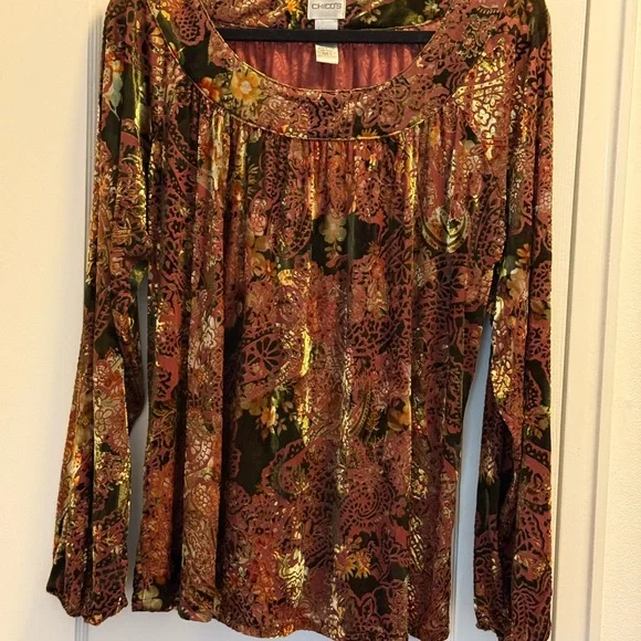 Chico’s-Fall Colors/Velvet Floral Long Sleeve Top. 🎃 🍂🍁 - Picture 5 of 7